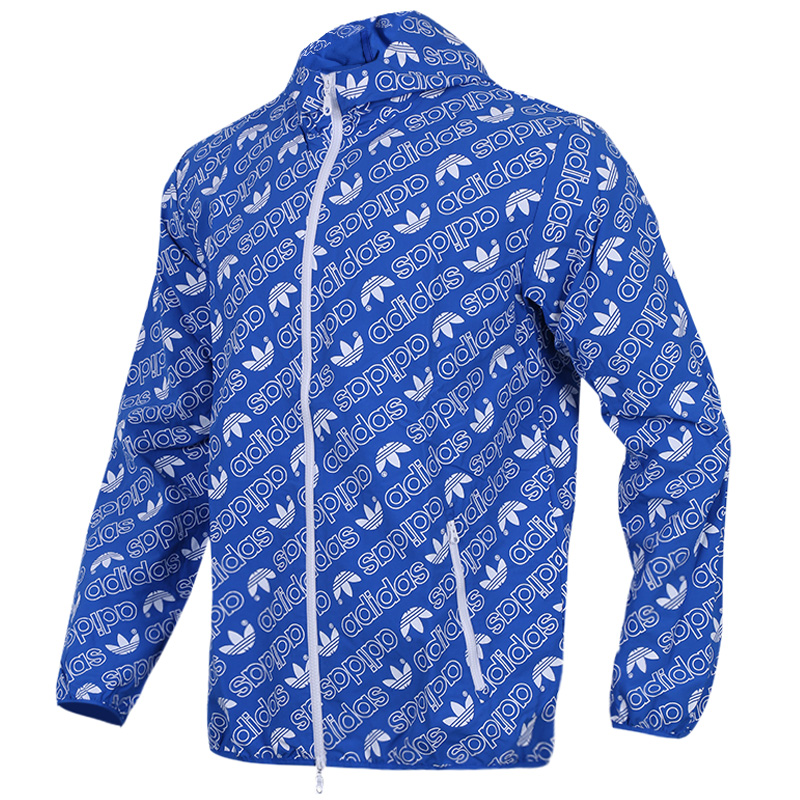 Original Adidas Mens Heri Aop Windbreaker CE1550 Nylon Martial Blue Full Logo Printer Hoody