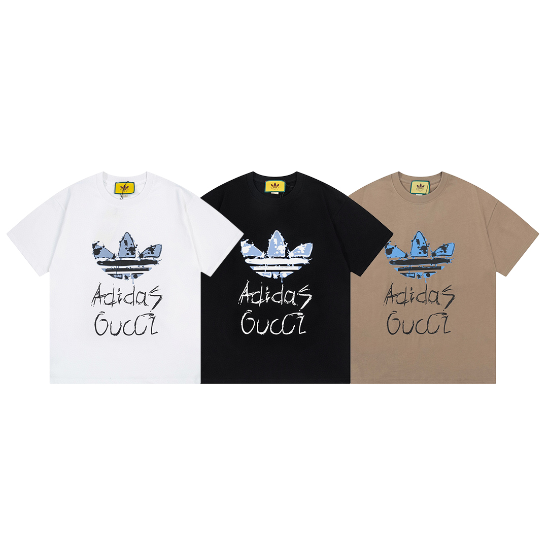 Adidas X Gucci Collaboration 2023 Summer Tees Graffiti Trefoil Logo 3 Colors Tees